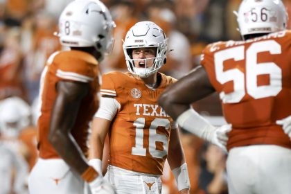 Texas QB Arch Manning reacts against the UTSA Roadrunners at Darrell K Royal-Texas Memorial Stadium.