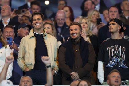 BIRMINGHAM, ENGLAND - SEPTEMBER 16: Tom Brady, Minority Owner of Birmingham City (L) with David Beckham to the Sky Bet League One match between Birmingham City FC and Wrexham AFC at St Andrew’s at Knighthead Park on September 16, 2024 in Birmingham, England. (Photo by Alex Pantling/Getty Images)