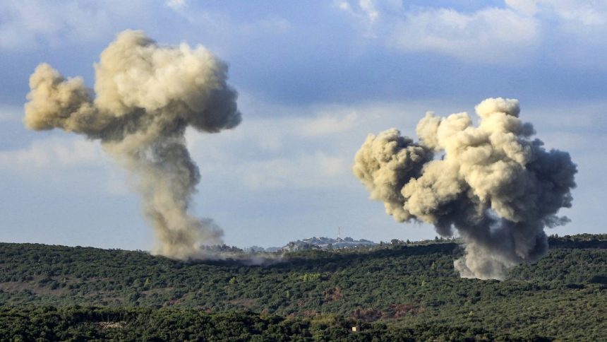 Smoke billows from the site of an Israeli strike that targeted the outskirts of the southern Lebanese village of Zibqin on Sunday.