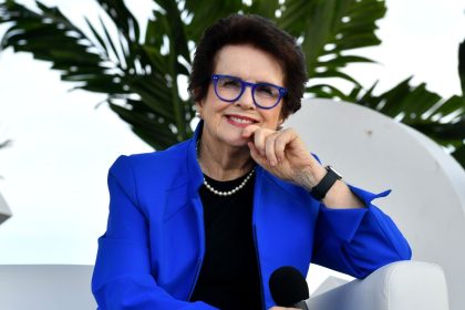 Billie Jean King pictured talking onstage during the 2024 New York #LWTSUMMIT on September 19.