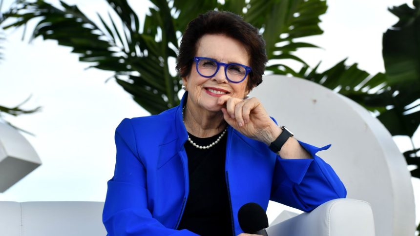 Billie Jean King pictured talking onstage during the 2024 New York #LWTSUMMIT on September 19.