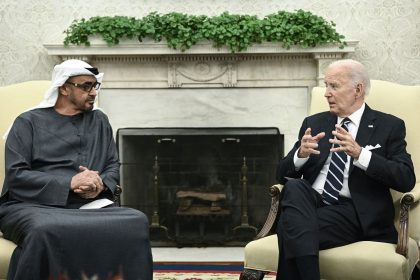 US President Joe Biden speaks during a meeting with President of the United Arab Emirates Sheikh Mohamed bin Zayed al-Nahyan in the Oval Office of the White House in Washington, DC, on Monday.