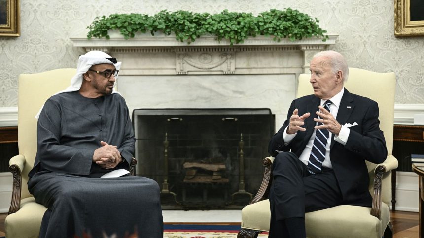 US President Joe Biden speaks during a meeting with President of the United Arab Emirates Sheikh Mohamed bin Zayed al-Nahyan in the Oval Office of the White House in Washington, DC, on Monday.