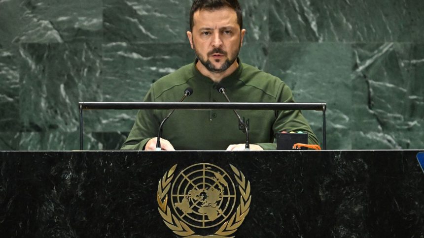 Ukrainian President Volodymyr Zelensky speaks during "Summit of the Future" on the sidelines of the UN General Assembly at the United Nations Headquarters in New York, September 23, 2024.