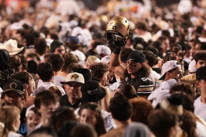 Colorado's Yahya Attia celebrates with fans after the Buffaloes defeated the Baylor Bears in overtime.