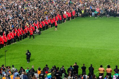 Participants gather in a world record attempt for the largest mass Haka at Eden Park in Auckland on September 29, 2024.