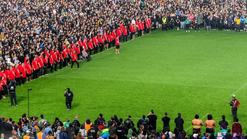 Participants gather in a world record attempt for the largest mass Haka at Eden Park in Auckland on September 29, 2024.