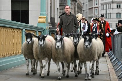 Damian Lewis drove a flock of sheep across London's Southwark Bridge on Sunday.