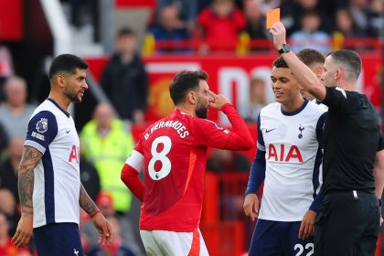 Bruno Fernandes is shown a red card for the first time in his United career.