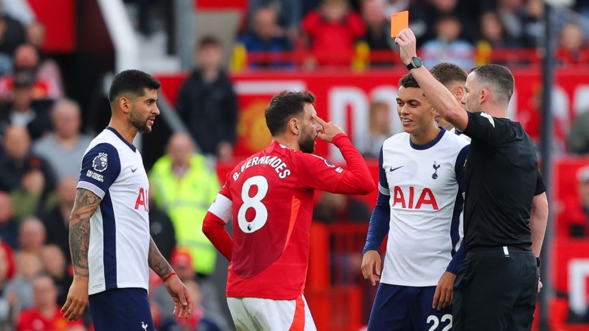 Bruno Fernandes is shown a red card for the first time in his United career.