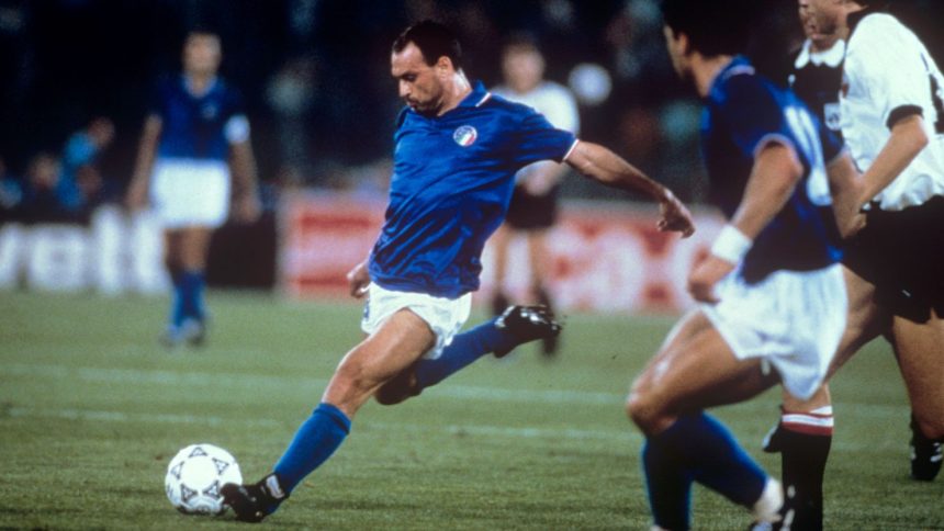 Salvatore "Totò" Schillaci, seen playing for Italy against Austria at the 1990 World Cup, has died aged 59.