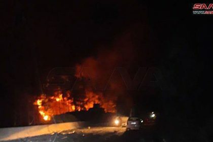 A photo released by Syrian state news agency SANA on Sunday, September 8, shows the Wadi al-Uyun highway in Masyaf, where a fire reportedly caused by Israeli airstrikes has broken out.