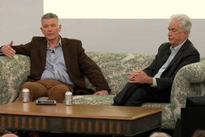 Britain's MI6 chief Richard Moore, left, and Bill Burns of the CIA make an unprecedented joint public appearance at Kenwood House in London on September 7, 2024.