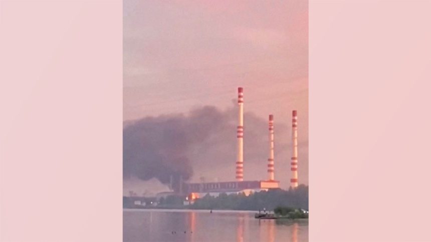 Smoke rises from a fire at Konakovo Power Station In Tver Region, Russia September 1, 2024, in this screengrab from a social media video obtained by Reuters.