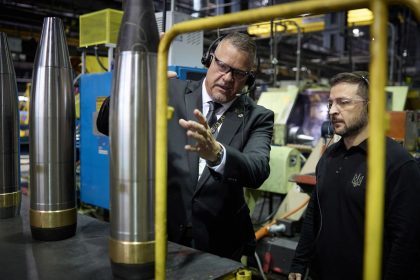 Ukrainian President Volodymyr Zelensky tours an ammunition plant in Scranton, Pennsylvania on September 22, 2024.