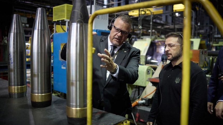 Ukrainian President Volodymyr Zelensky tours an ammunition plant in Scranton, Pennsylvania on September 22, 2024.