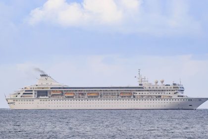 The Villa Vie Odyssey cruise ship has left Belfast Lough after being anchored off the coast on Bangor, Northern Ireland, and is now on its way to France.