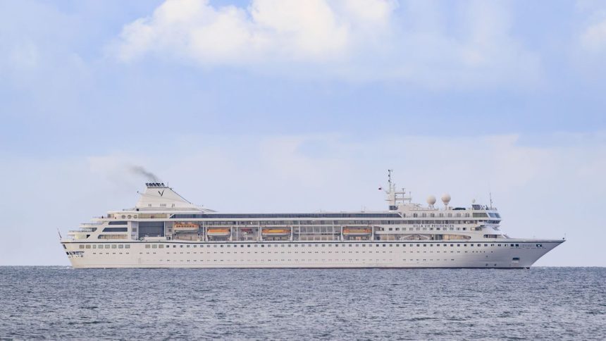 The Villa Vie Odyssey cruise ship has left Belfast Lough after being anchored off the coast on Bangor, Northern Ireland, and is now on its way to France.