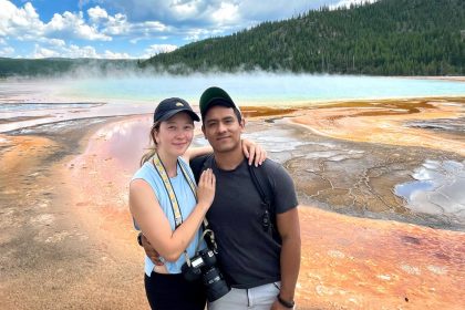 Laura Binder and Manny Salas first crossed paths on an eventful hiking trip in California. Here's the couple later at Yellowstone National Park.