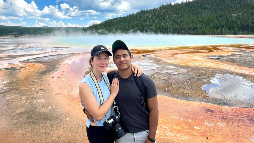 Laura Binder and Manny Salas first crossed paths on an eventful hiking trip in California. Here's the couple later at Yellowstone National Park.