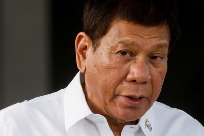 Philippine President Rodrigo Duterte speaks during a ceremony at Villamor Air Base in Pasay, Metro Manila, Philippines, February 28, 2021.