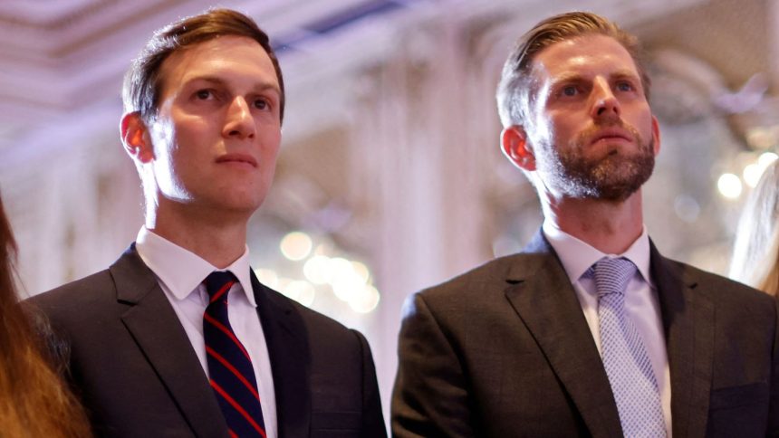 Former President Donald Trump's family members including his son-in-law Jared Kushner and his son Eric listen as Trump announces that he will once again run for president in the 2024 U.S. presidential election during an event at his Mar-a-Lago estate in Palm Beach, Florida, U.S. November 15, 2022. REUTERS/Jonathan Ernst