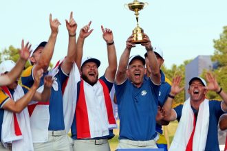 Oct 1, 2023; Rome, ITA; Team Europe captain Luke Donald and Team Europe celebrates with the Ryder Cup after beating Team USA during the final day of the 44th Ryder Cup golf competition at Marco Simone Golf and Country Club. Mandatory Credit: Kyle Terada-USA TODAY Sports