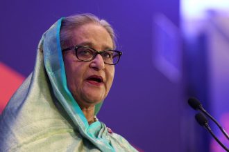 Former Prime Minister of Bangladesh Sheikh Hasina addresses the EU Global Gateway Forum 2023, in Brussels, Belgium on October 25, 2023.