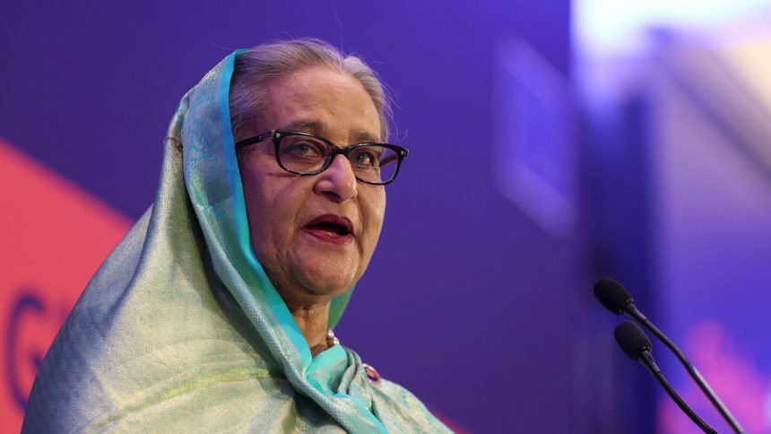 Former Prime Minister of Bangladesh Sheikh Hasina addresses the EU Global Gateway Forum 2023, in Brussels, Belgium on October 25, 2023.