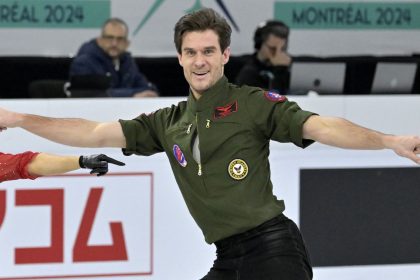 Nikolaj Sørensen performs in the ice dance rhythm dance during the 2024 world figure skating championships.