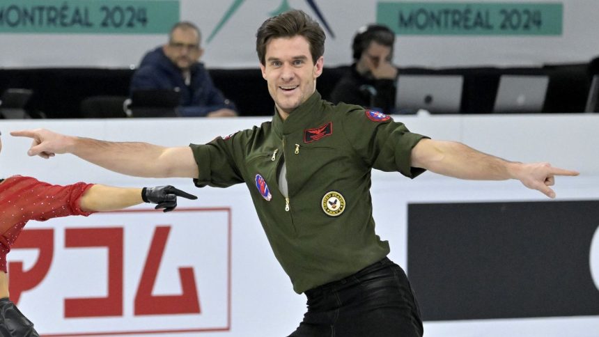 Nikolaj Sørensen performs in the ice dance rhythm dance during the 2024 world figure skating championships.