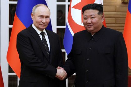 Russia's President Vladimir Putin and North Korea's leader Kim Jong Un shake hands in Pyongyang, North Korea June 19, 2024.