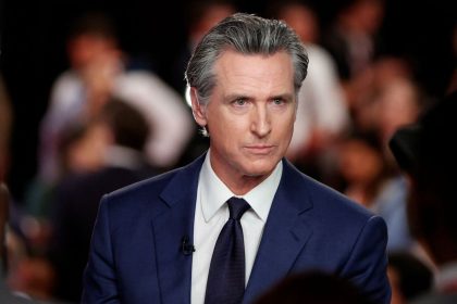 California Governor Gavin Newsom (D) reacts as he speaks to the members of the press on the day of the first presidential debate hosted by CNN in Atlanta, Georgia, U.S., June 27, 2024.