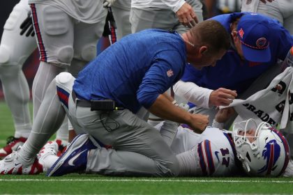 Oct 6, 2024; Houston, Texas, USA; Buffalo Bills quarterback Josh Allen (17) lays injured after being tackled by Houston Texans linebacker Azeez Al-Shaair (0) (not pictured) in the second half at NRG Stadium. Mandatory Credit: Thomas Shea-Imagn Images