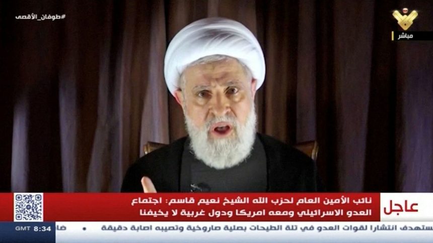 Lebanon's Hezbollah deputy leader Sheikh Naim Qassem delivers a speech as hostilities between Hezbollah and Israel increase, from an unknown location on Tuesday.