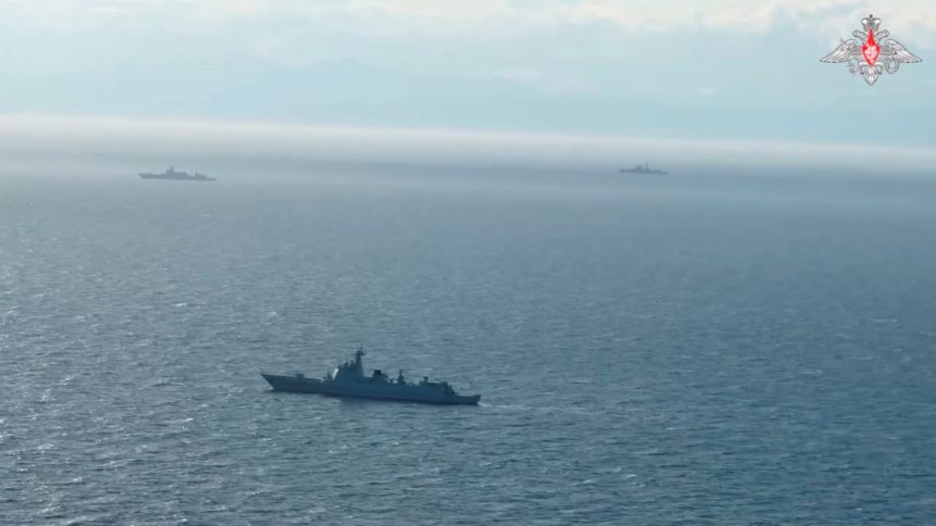 Russian and Chinese warships take part in joint anti-submarine firing exercises in the Pacific Ocean, in this still image taken from video released on October 14, 2024.