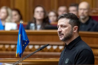 Ukrainian President Volodymyr Zelensky called for additional support for Ukraine's defense and an invitation to join NATO during a Wednesday address in Kyiv.