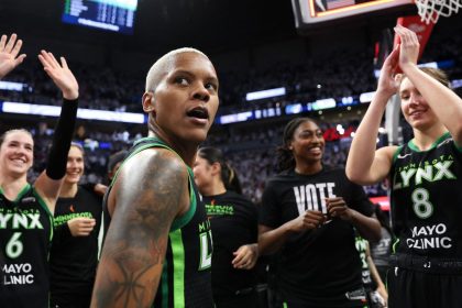 Oct 18, 2024; Minneapolis, Minnesota, USA; Minnesota Lynx guard Courtney Williams (10) celebrate her teams win after game four of the 2024 WNBA Finals against the New York Liberty at Target Center. Mandatory Credit: Matt Krohn-Imagn Images