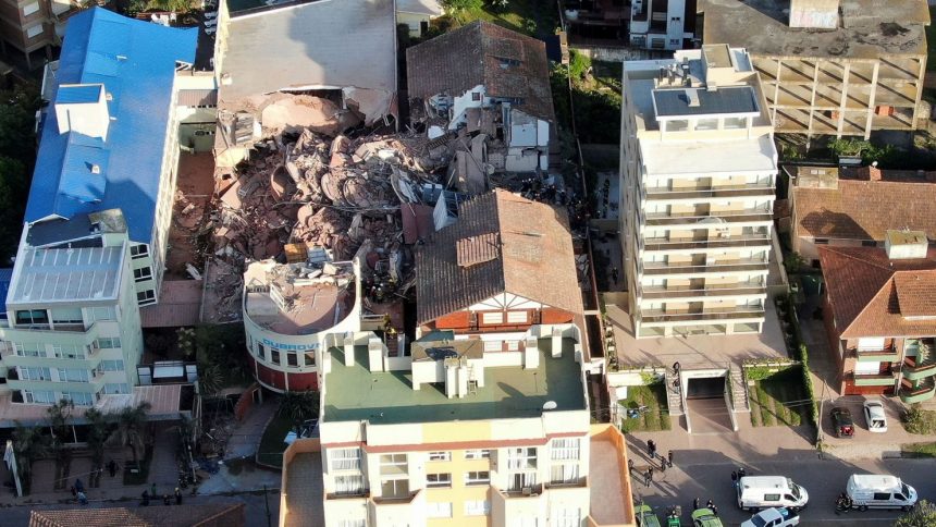 A drone view shows the remains of the hotel Dubrovnik, after collapsed in the coastal city of Villa Gesell, in Buenos Aires, Argentina October 29, 2024. REUTERS/Pablo Funes