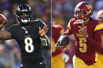 Lamar Jackson (left) and Jayden Daniels (right) will face off when the Baltimore Ravens and the Washington Commanders play on Sunday.