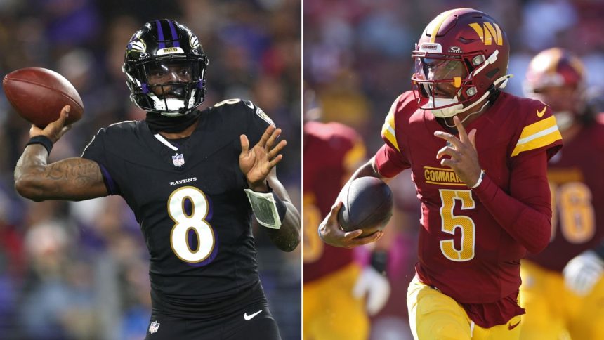 Lamar Jackson (left) and Jayden Daniels (right) will face off when the Baltimore Ravens and the Washington Commanders play on Sunday.