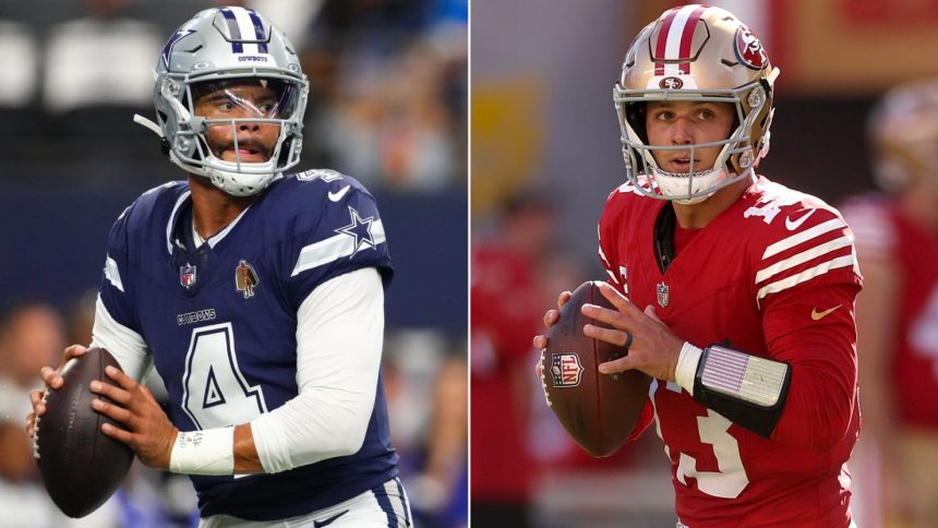 Dallas Cowboys quarterback Dak Prescott (left) and San Francisco 49ers quarterback Brock Purdy (right) will face off on Sunday.