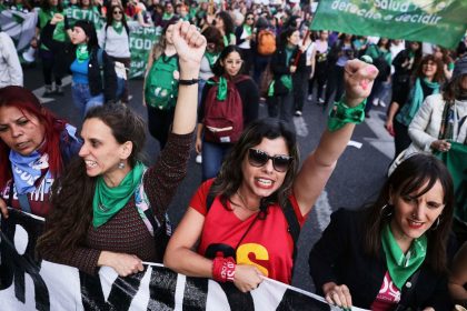 Women from feminist organizations take part in a march in defense of legal abortion in Buenos Aires, on September 28, 2023. Thousands of people marched this Thursday in Buenos Aires in defense of legal abortion, which according to protesters "is in danger" if the far-right Javier Milei wins the presidential elections on October 22 (Photo by Emiliano Lasalvia / AFP) (Photo by EMILIANO LASALVIA/AFP via Getty Images)