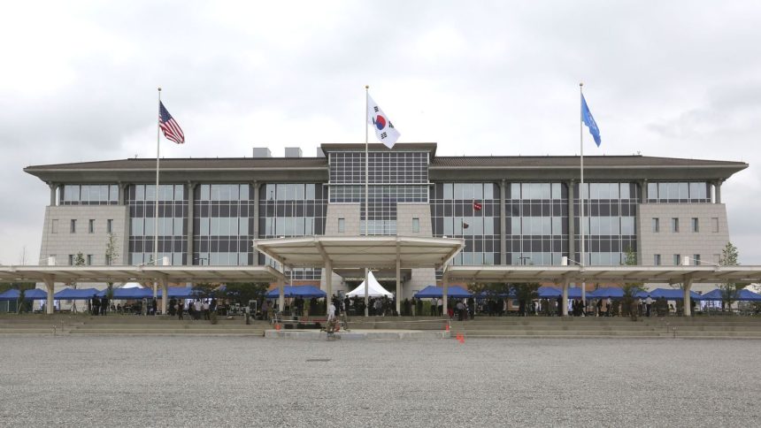 The newly opened headquarters of the US Forces Korea is seen at Camp Humphreys in Pyeongtaek, South Korea, on June 29, 2018.