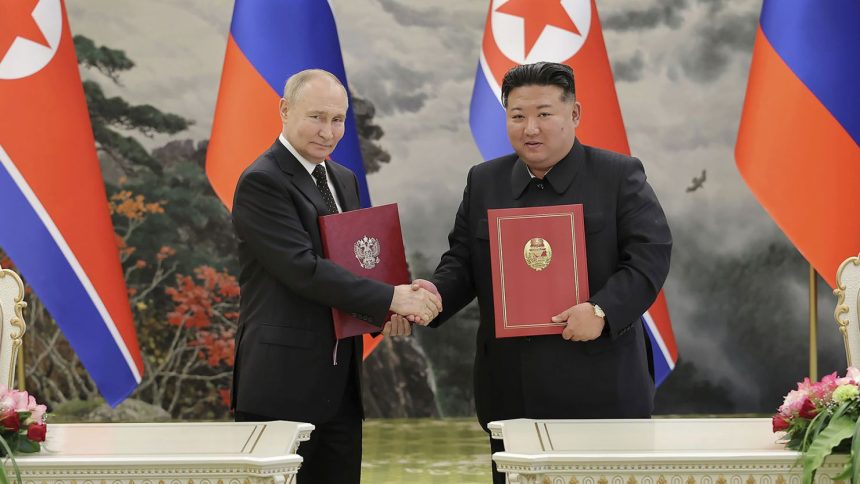 North Korean leader Kim Jong Un and Russia's President Vladimir Putin shake hands after signing a comprehensive strategic partnership in Pyongyang, North Korea in June this year.