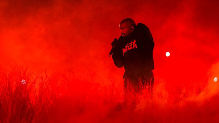 American rapper Kanye West performs during his Vultures Listening Experience at Wuyuan River Stadium on September 15, 2024 in Haikou, Hainan Province of China.