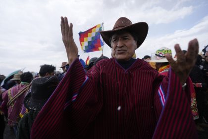 Former President Evo Morales, center, marches to La Paz with supporters to protest current President Luis Arce, near El Alto, Bolivia, Sunday, Sept. 22, 2024. (AP Photo/Juan Karita)