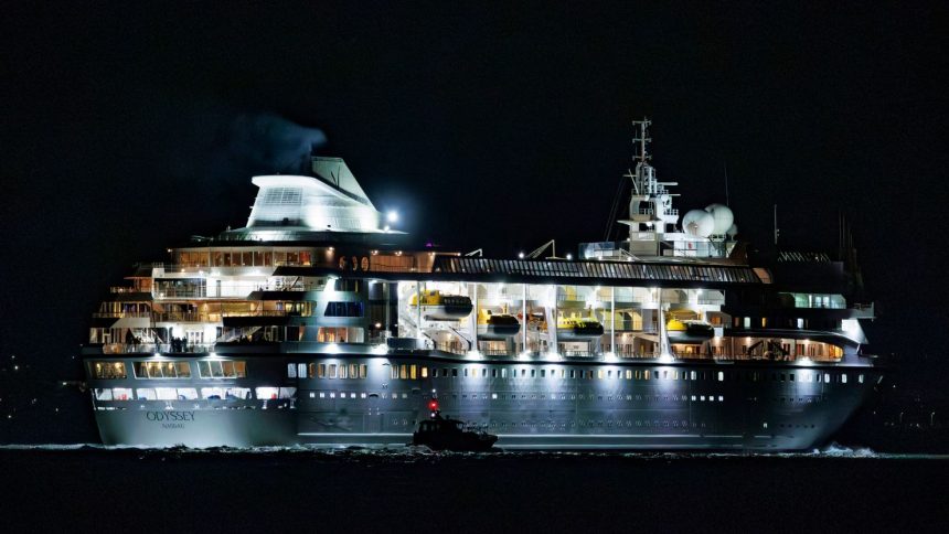 The Villa Vie Odyssey cruise ship leaves Belfast Harbor in Belfast, Northern Ireland, on September 30.