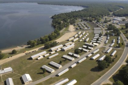 FILE - This photo shows an aerial view of Camp Grayling Joint Maneuver Training Center in Grayling, Mich., July 19, 2014. (AP Photo/John L. Russell, File)