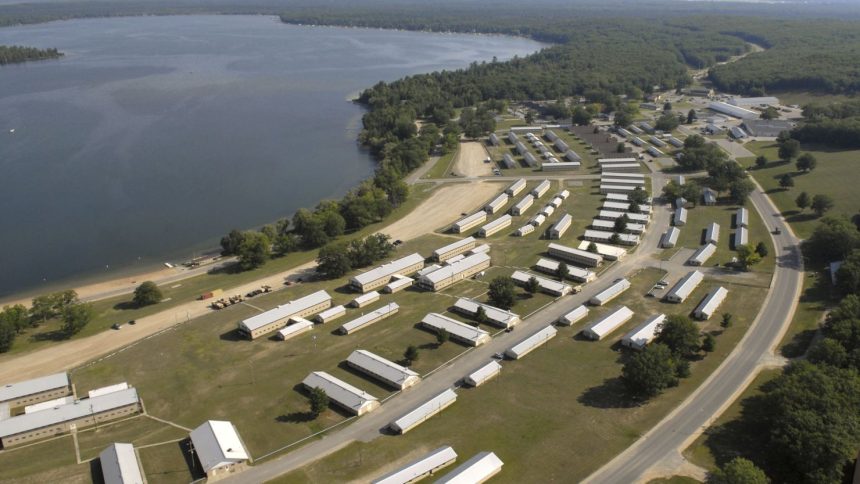 FILE - This photo shows an aerial view of Camp Grayling Joint Maneuver Training Center in Grayling, Mich., July 19, 2014. (AP Photo/John L. Russell, File)